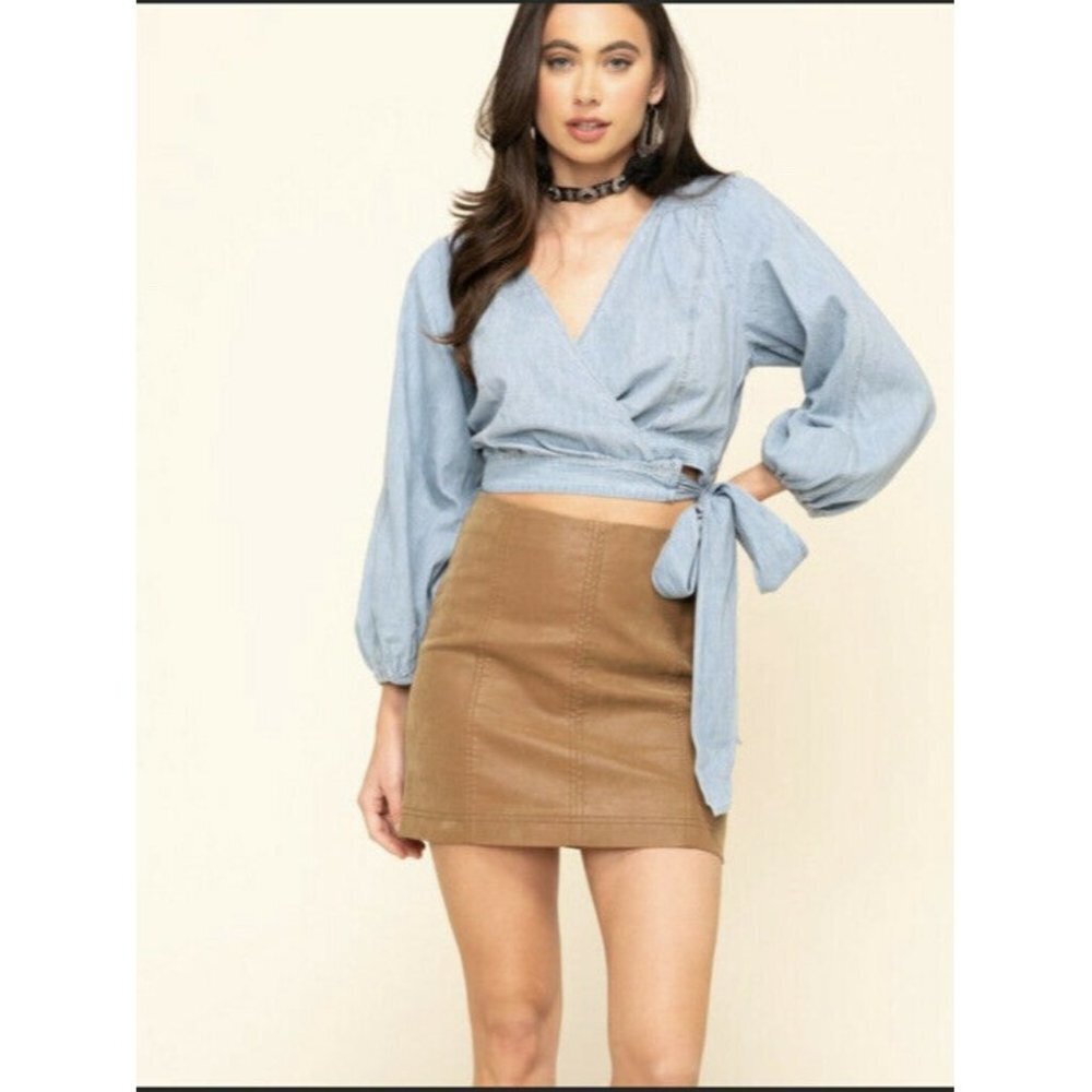 Free People Womens Faux Leather Vegan mini skirt brown chestnut SZ 0